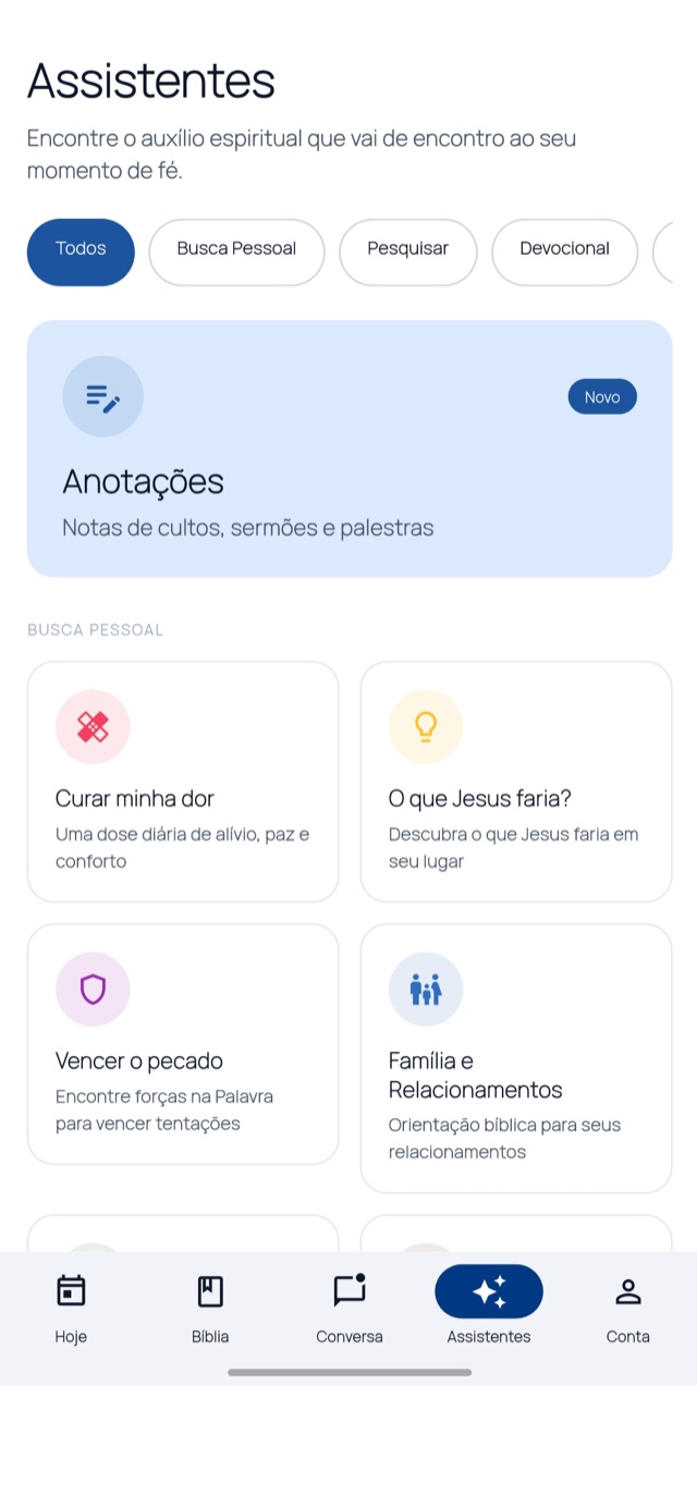 Tela de Assistentes com a função Anotações no app Bíblia IA