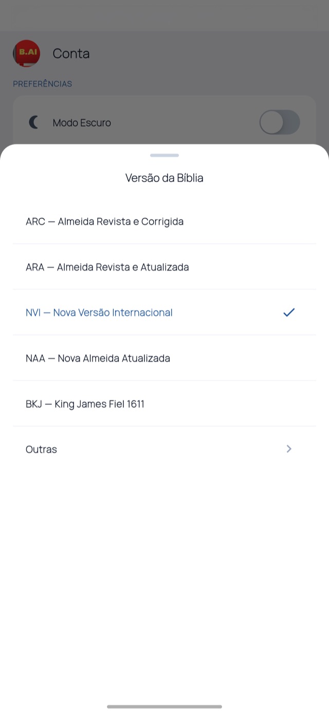 Personalização de versão bíblica no app Bíblia IA